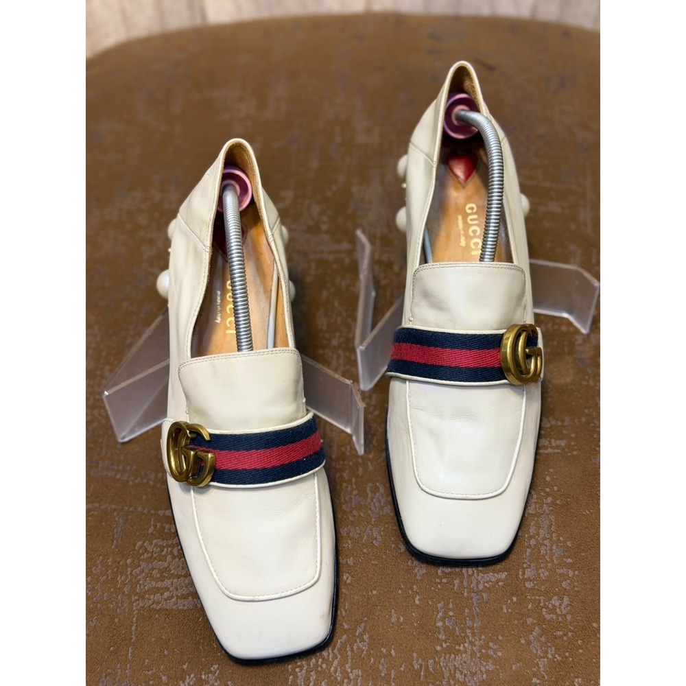Gucci Peyton Pearl Web Loafers Off-White Leather Square Toe Block Heel 39